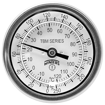 Winters TBM Series Stainless Steel 304 Dual Scale Bi-Metal Thermometer, 2-1/2" Stem, 1/2" NPT Fixed Center Back Mount Connection, 3" Dial, 0-250 F/C Range
