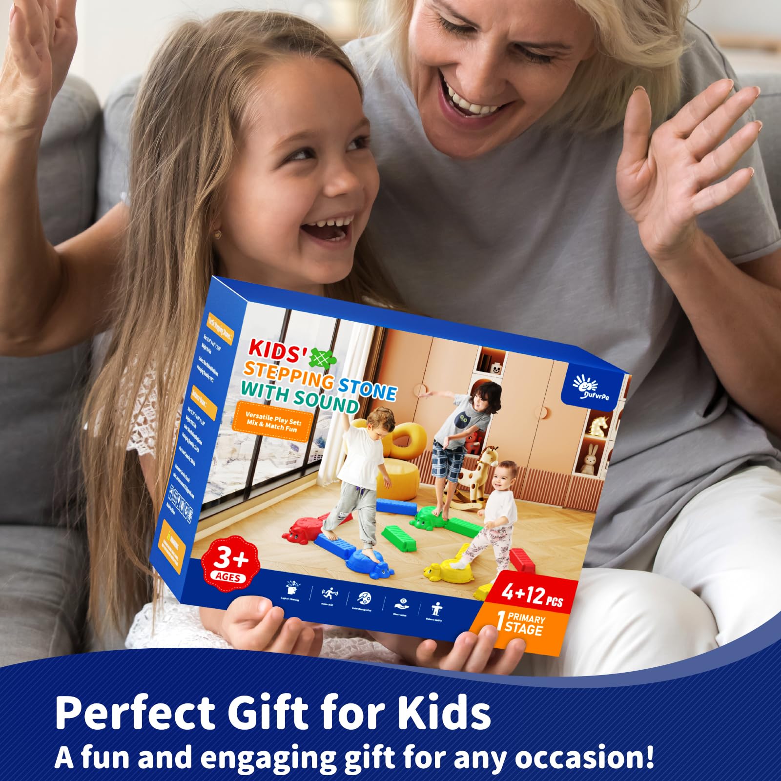 16 Pcs Balance Beam and Stepping Stones for Kids - 4 Turtle Shape Stepping Stones and 12 Connectable Beams with Sound Feature,Color Spinner, Riddle Cards, Fun Balance Training and Obstacle Course