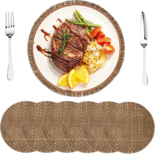 BSTKEY Pack of 6 Natural Seagrass Rattan Placemats, 33CM Round Woven Place Mat Tableware Pad Cup Mat for Dining Kitchen Restaurant Table Mat (Coffee)