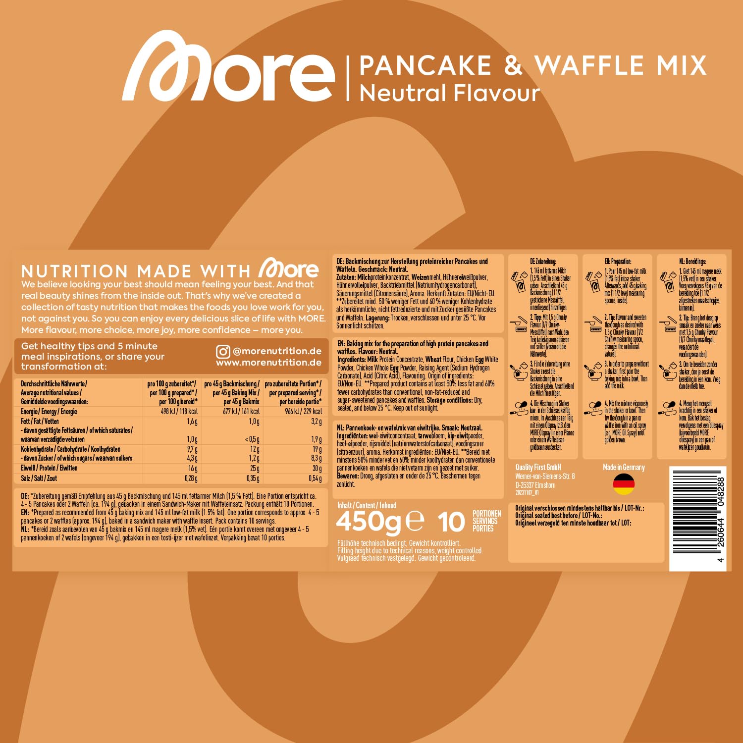 MORE Protein Pancakes and Waffle Mix, Neutral, 450 g, ohne Zuckerzusatz für fluffig leckere high-Protein-Pancakes - made in Germany