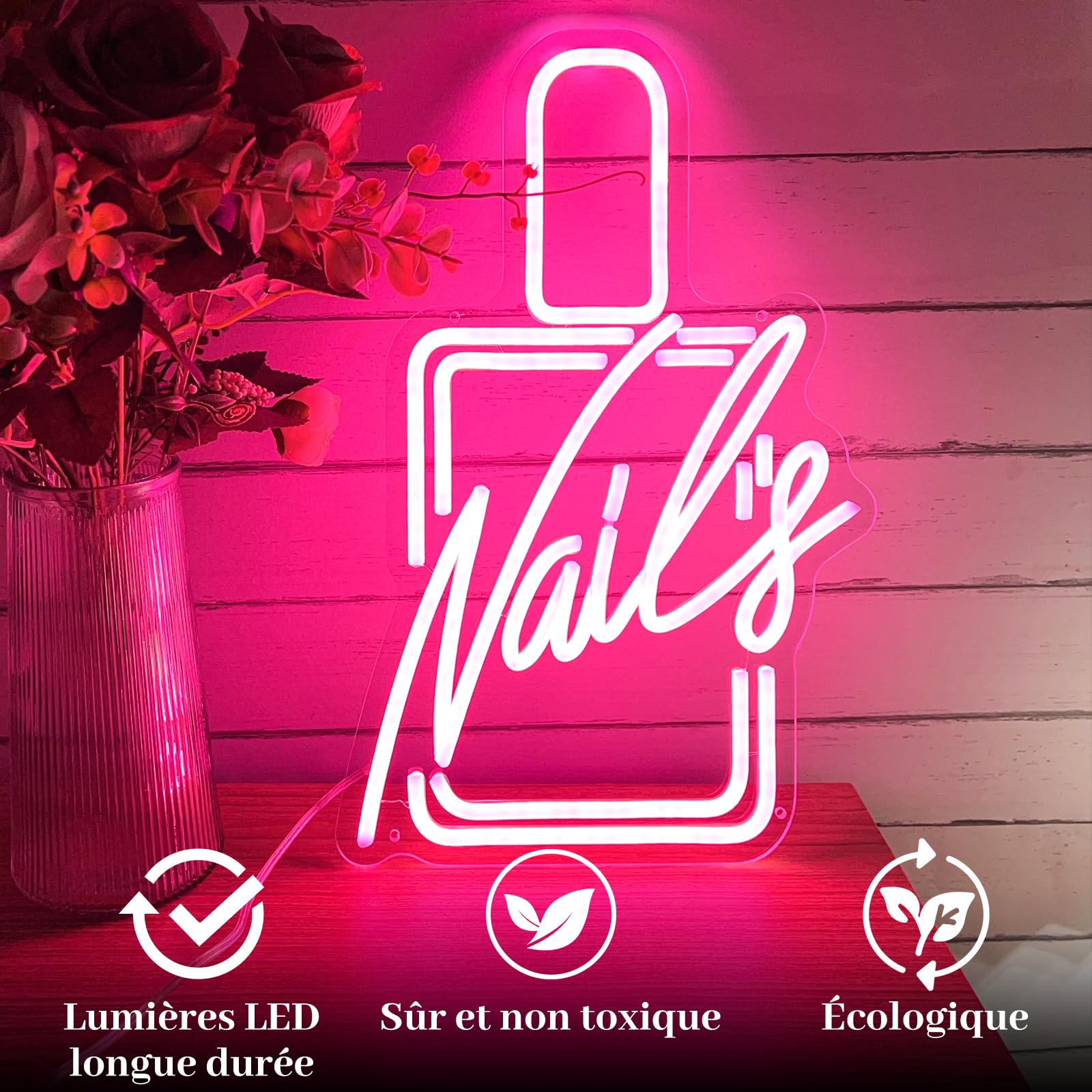 Enseignes Lumineuses Nails LED Neon Wall Decoration Sign Rose Neon Signs Night Lights pour Décoration Murale, Chambre,Magasin de Manucure(26 x 40cm)