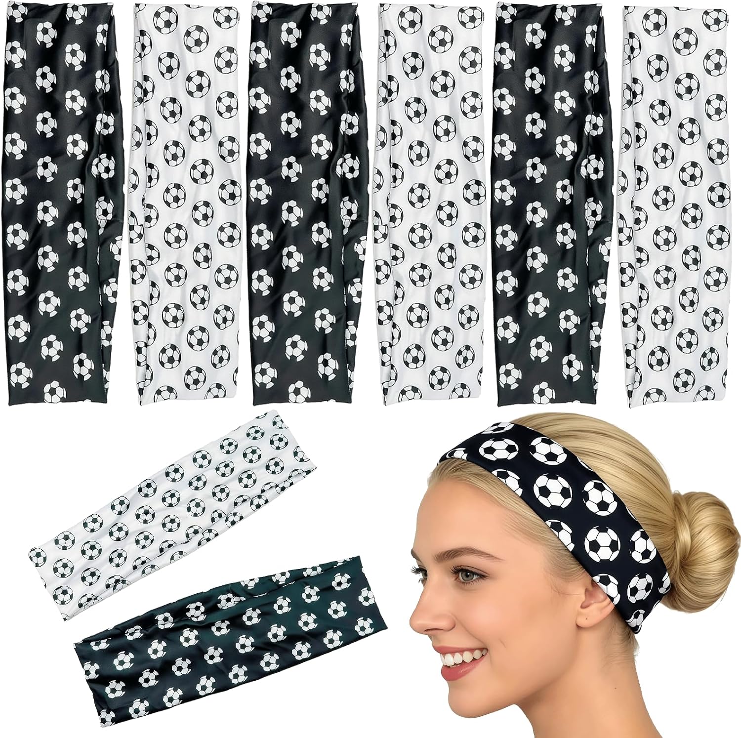 6PCS Soccer Print Elastic Headbands, 9.84-12.59inch Stretch Sports Theme Headbands, Sweat Wicking Non-Slip Football Hair Bands for Women & Men Soccer Workout Yoga Running Gym & Team Activities Gifts