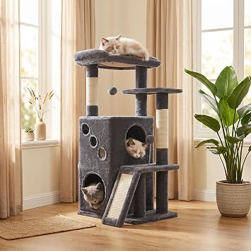 PETEPELA Kitten Cat Tree, 34.6" Small Cat Tower with Ramp & Toys, Deep Grey