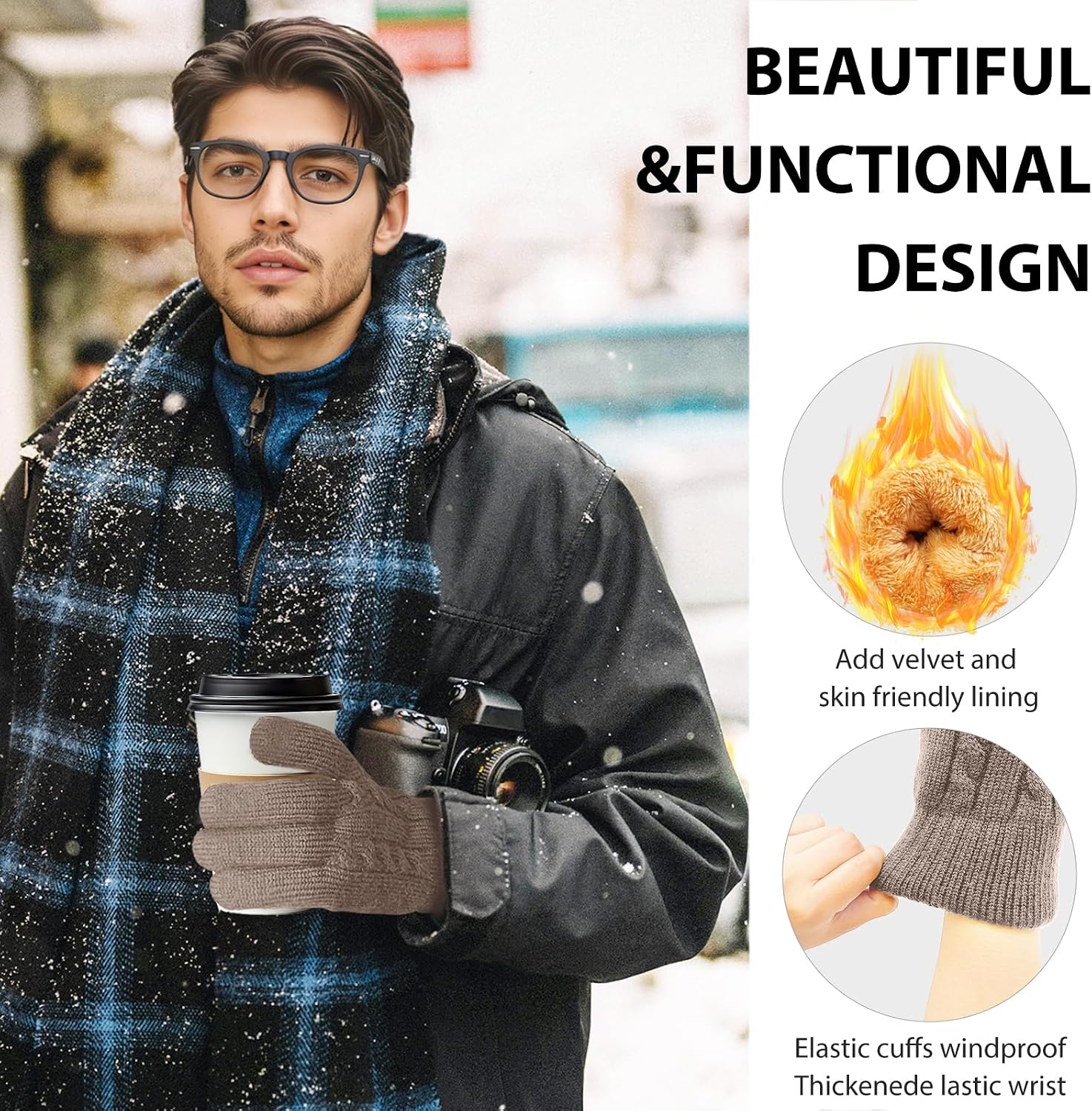 Winter Gloves for Men Wool Thermal Fleece Touchscreen Knit Warm Snow Gloves for Running Cycling Cold Weather image 2