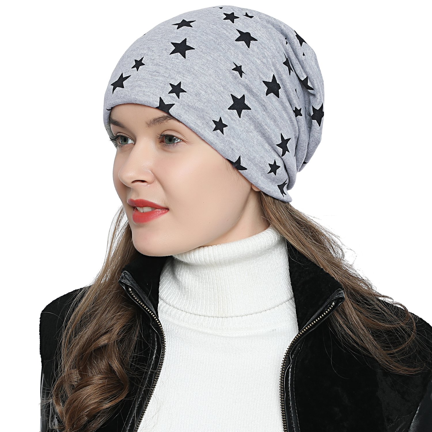 DonDon Mütze Damen Wintermütze Slouch Beanie gefüttert mit Stern Print