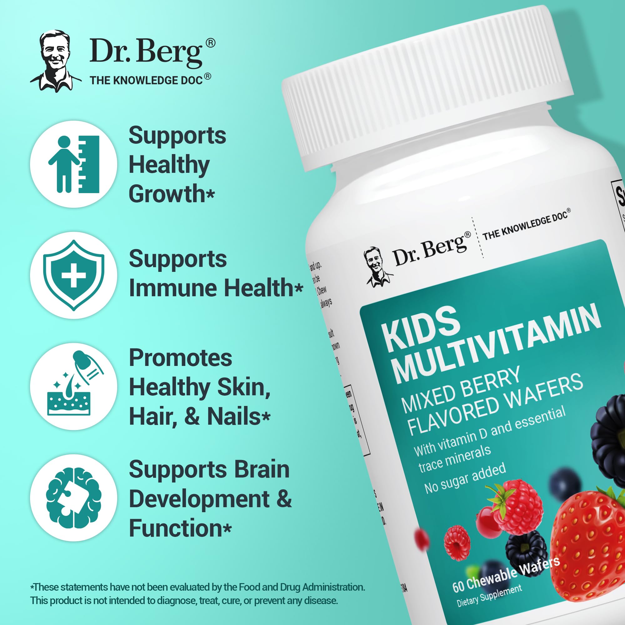 Dr. Berg Kids Chewable Multivitamins (NOT Sweetened w/Sugar) - Daily Multivitamin for Kids that Includes 20 Nutrients & Trace Mineral Complex - Mixed Berry Chewable Vitamins for Kid - Red Wafers — Amazon image 2