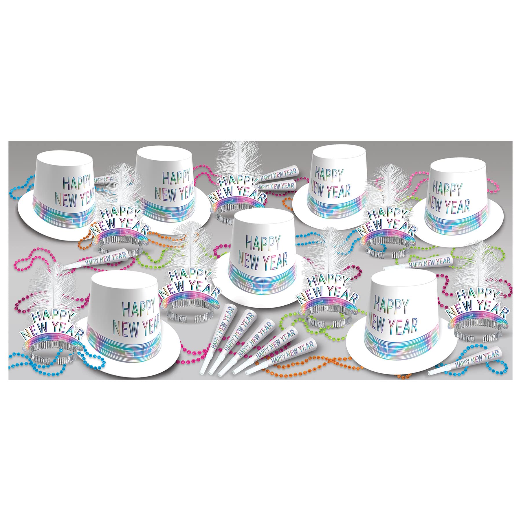 Beistle 80225-50 Razzle Dazzle Silvester Sortiment für 50 Personen NYE Party Supplies – Hüte, Tiaras, Hörner, Perlen, Papier Kunststoff Folie Federn, Mehrfarbig