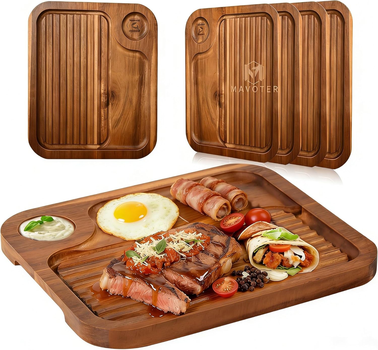 4 pcs Acacia Wood Steak Plates,Carnivore Cutting Board for Eating, Carved Meat Wooden Plate, Food Serving Tray,Cheese Charcuterie Boards with Deep Grooves & Hidden Handles