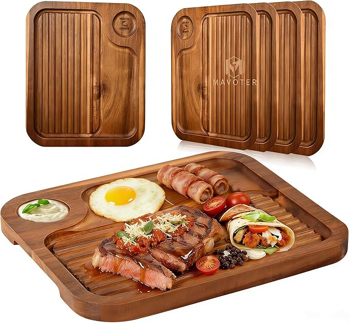 4 pcs Acacia Wood Steak Plates,Carnivore Cutting Board for Eating,