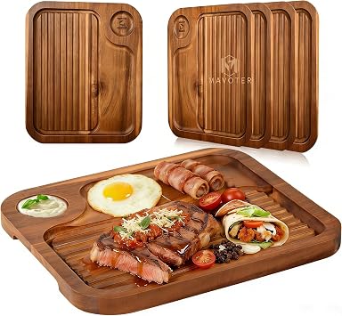 4 pcs Acacia Wood Steak Plates,Carnivore Cutting Board for Eating, Carved Meat Wooden Plate, Food Serving Tray,Cheese Charcuterie Boards with Deep Grooves & Hidden Handles