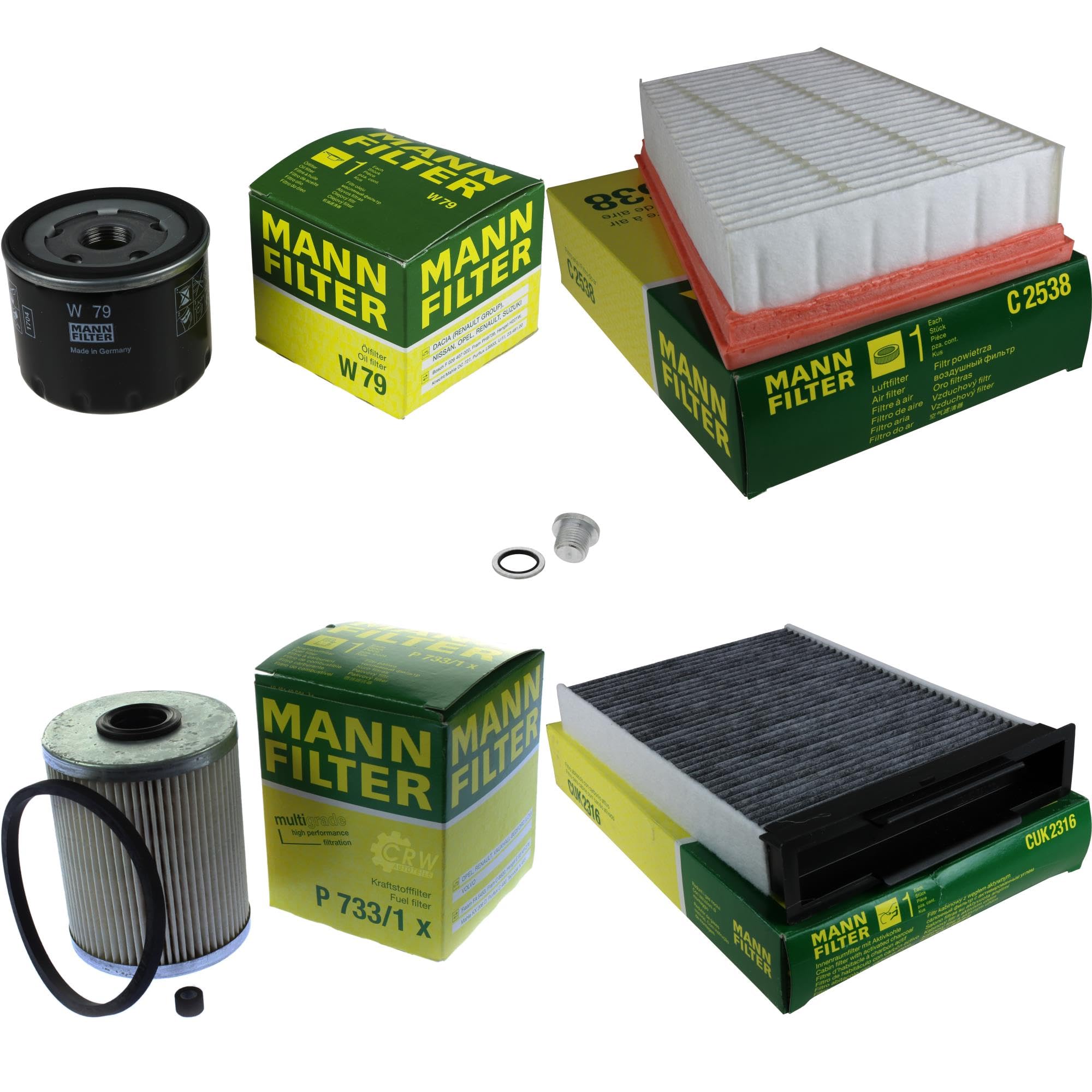 Paquete de inspección Kit de mantenimiento de filtros con filtro de aceite W 79, filtro de aire C 2538, filtro de combustible P 733/1 x, filtro de habitáculo CUK 2316, tornillo de cierre