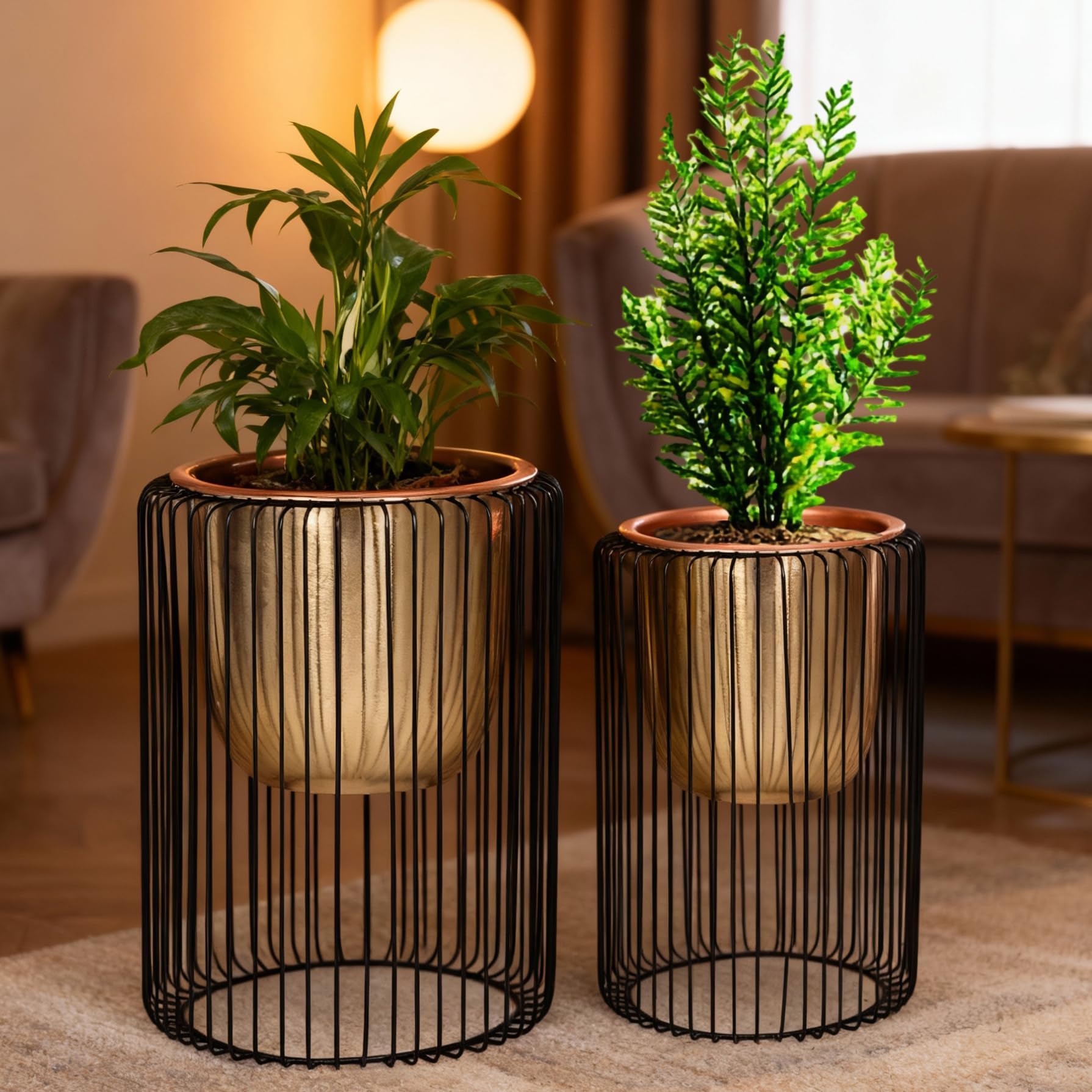 INDIAN DECORMART Metal Floor Gold Pot with Black Wire Stand for Living Room Indoor Balcony for Home and Garden