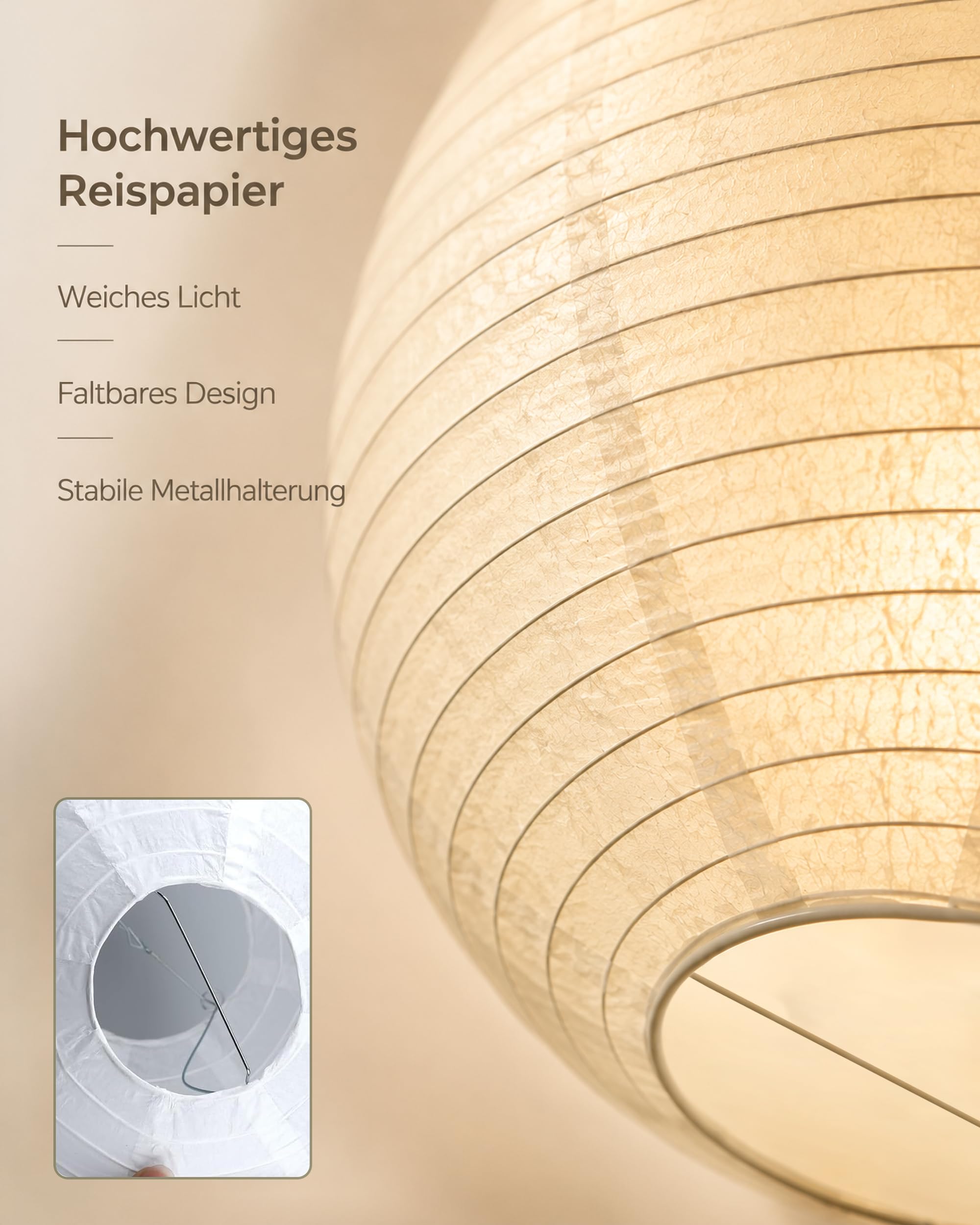 ACMHNC Papier Hängelampe, 40 cm Japandi Pendelleuchte mit 1,2 m Kabel