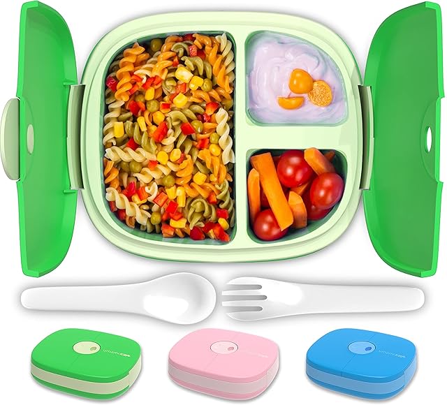 Umami Kids Lunch Box with Cutlery, Leak-Proof, Durable, Bento-Style, 3 Big Compartments, Ideal Portion Sizes for Ages 3 to 9, for Daycare Boys and Girls, BPA-Free, Microwave & Dishwasher Safe (Green)
