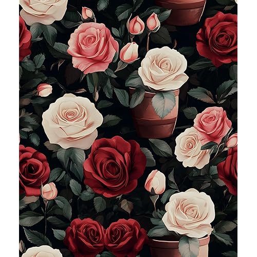 Vintage Floral Wallpaper Peel and Stick, Red/Pink Rose Garden Contact Paper, Boho Wall Paper Self Adhesive Waterproof Removable for Girl Bedroom Bathroom Shelves Cabinet Drawer Table 17.5" x 118"