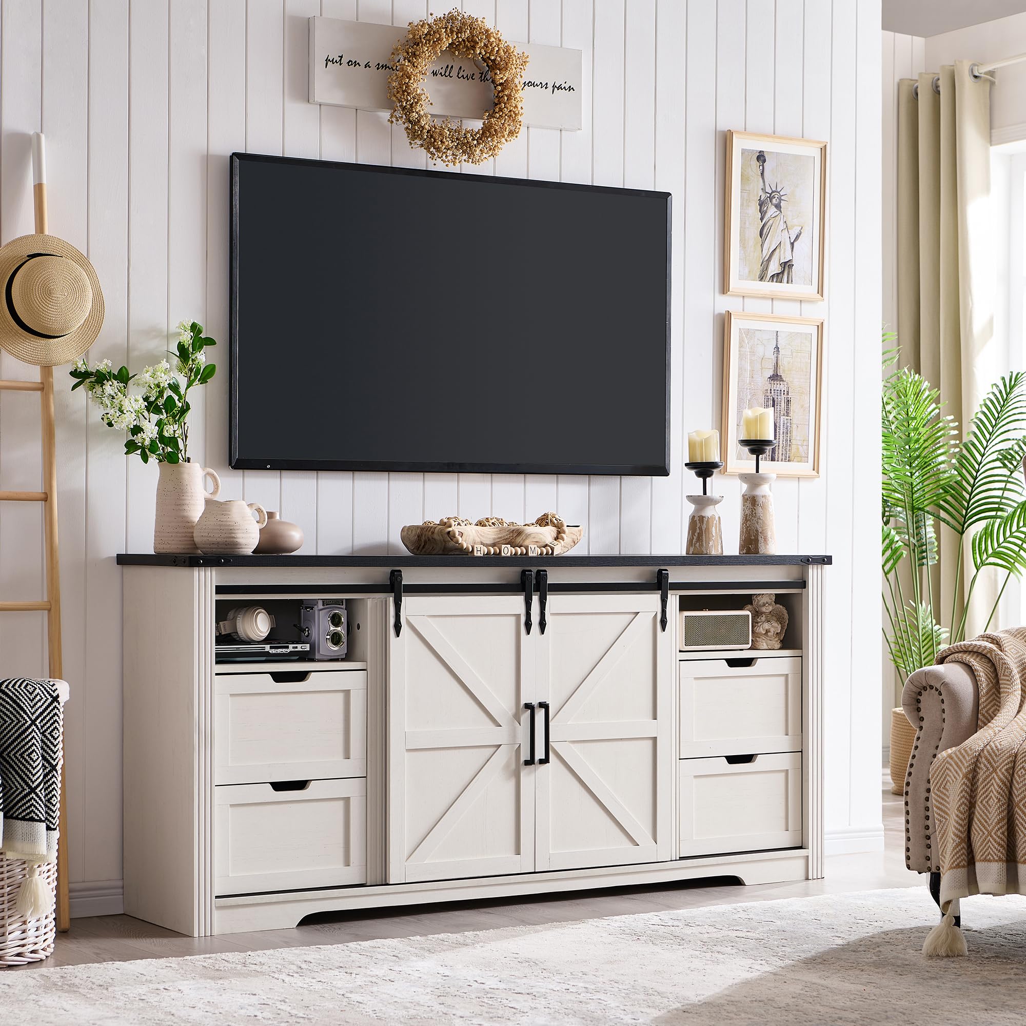 66“TV Stand, 32" Tall Entertainment Center w/4 Drawers &amp; Sliding Barn Door