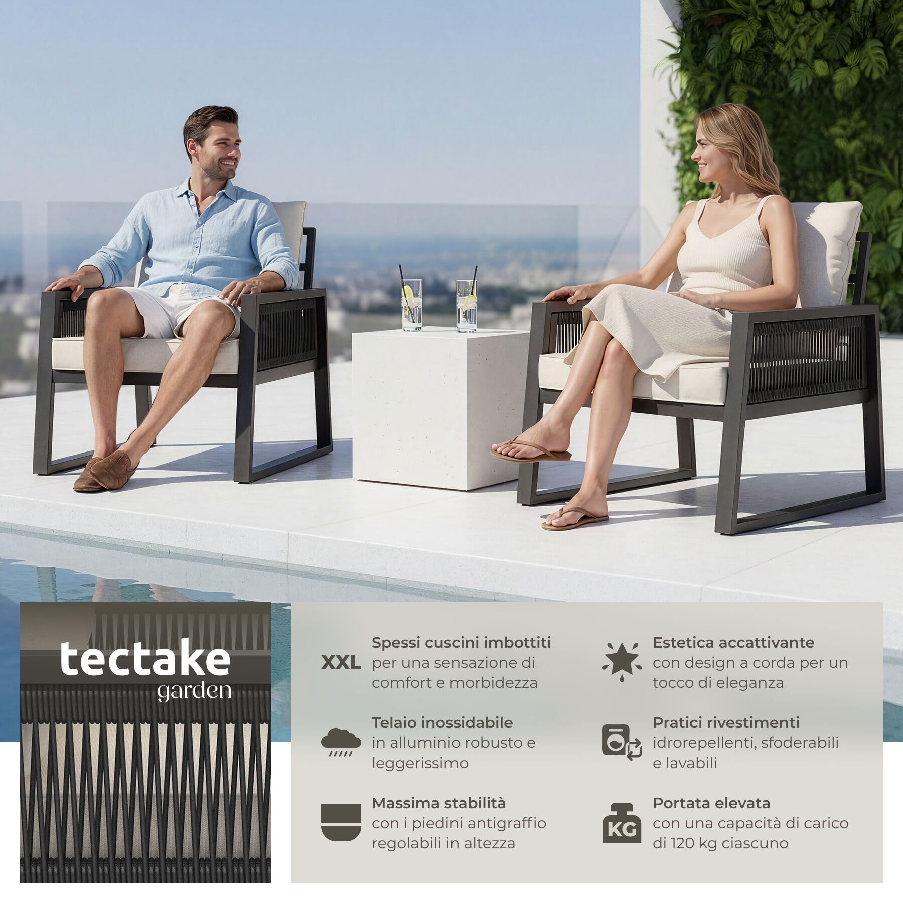 Tectake Set Salottino da Giardino 2 Posti, Telaio Alluminio Antiruggine, Cuscini Spessi, Design a Corda