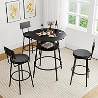 Vista 12 de Juego de mesa de bar redonda de 3 piezas, mesa de comedor pequeña para 2, mesa de cocina negra, mesa de desayuno con almacenamiento, 2 taburetes