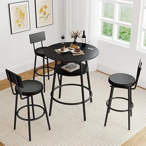 Miniatura 8 de Juego de mesa redonda de bar de 3 piezas, mesa de comedor pequeña para 2, mesa de desayuno con almacenamiento, mesa de bar de cocina moderna, 2