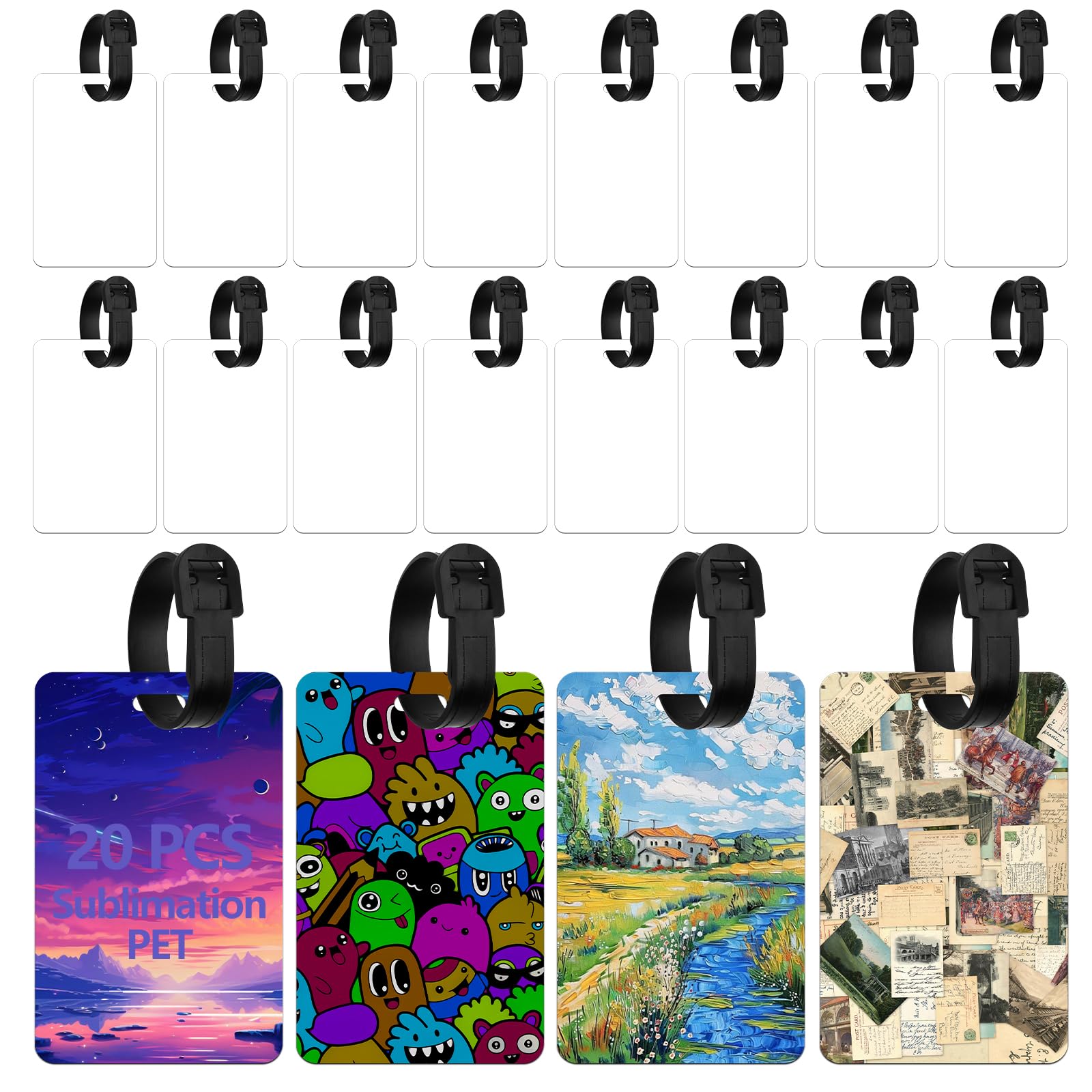 20 pcs Sublimation Luggage tag Blanks, White Blank Travel Bag Baggage Tags with Strap, Double Sided PET Suitcase Label Tag with Slots Keychains Blanks