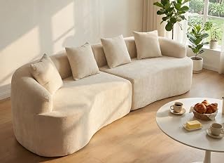Furnimart 112" Curved Couches for Living Room, Modern Chenille 4-Seater Sectional Sofa Deep Seat with 4 Throw Pillows, Cream Plush Modular Couch, No Assembly Needed, Beige