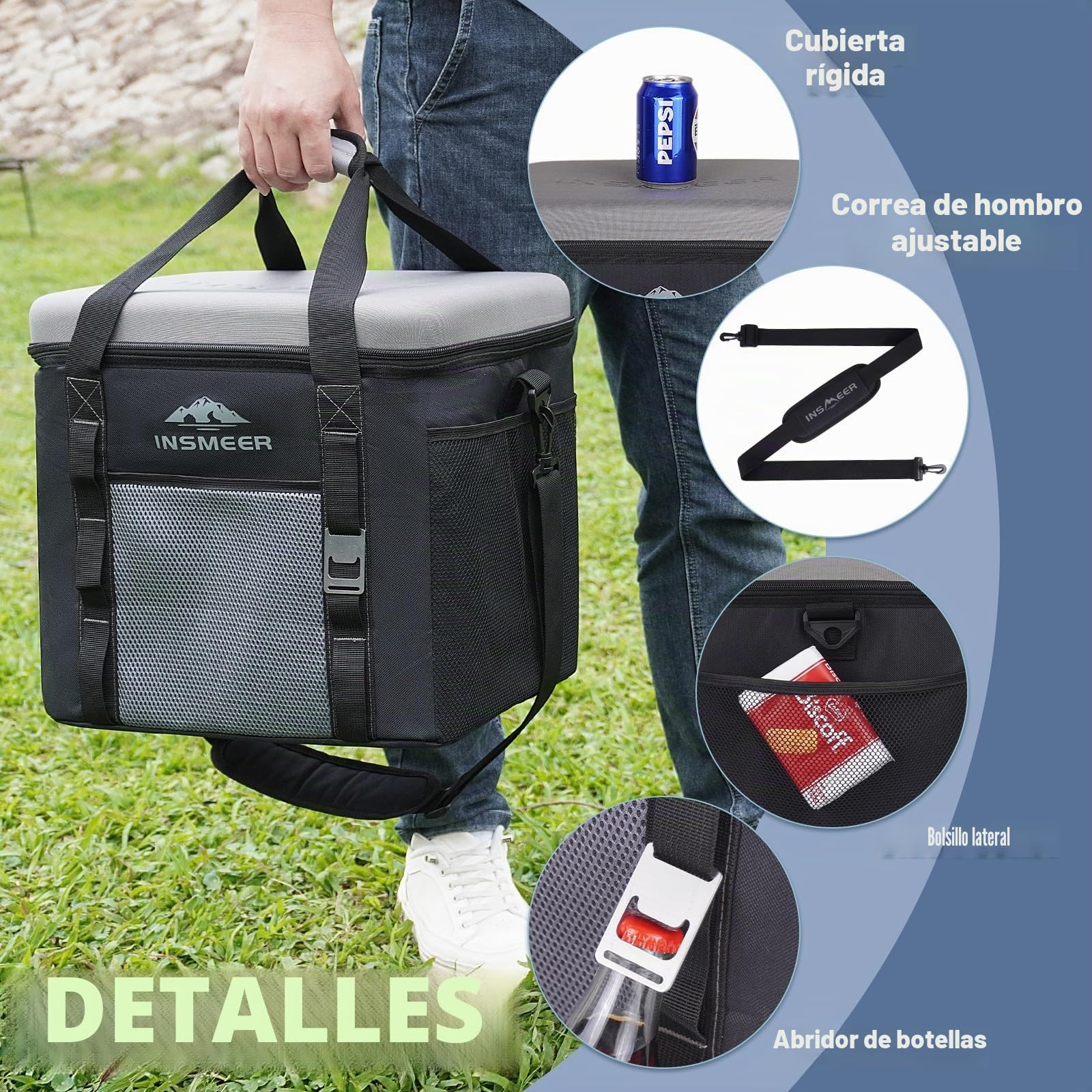 INSMEER Nevera grande de 40 L, 60 latas, plegable, con techo duro de EVA, impermeable, pequeña bolsa térmica, para camping, picnic, playa