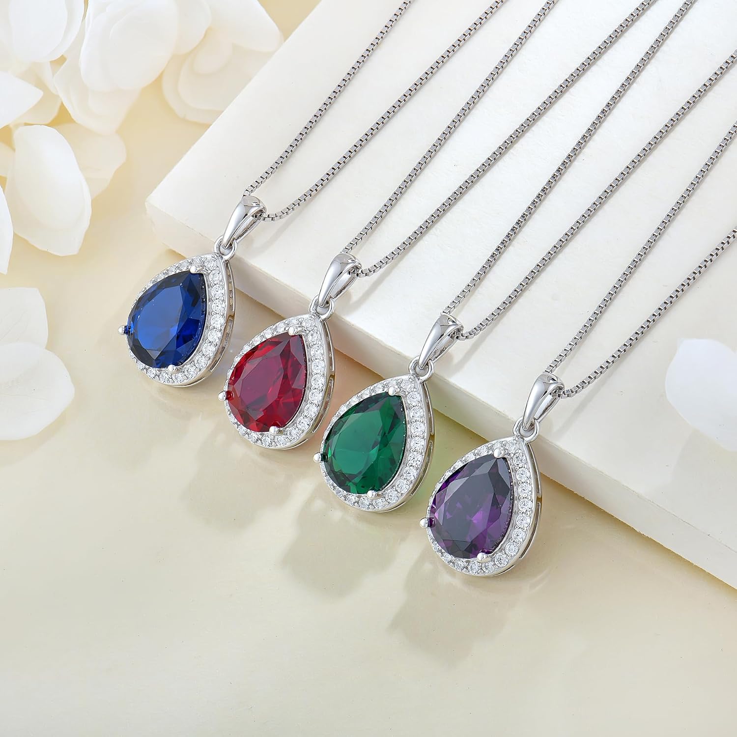 Women's Teardrop Necklace 925 Sterling Silver Halo Birthstone Jewelry for Women - Image 5