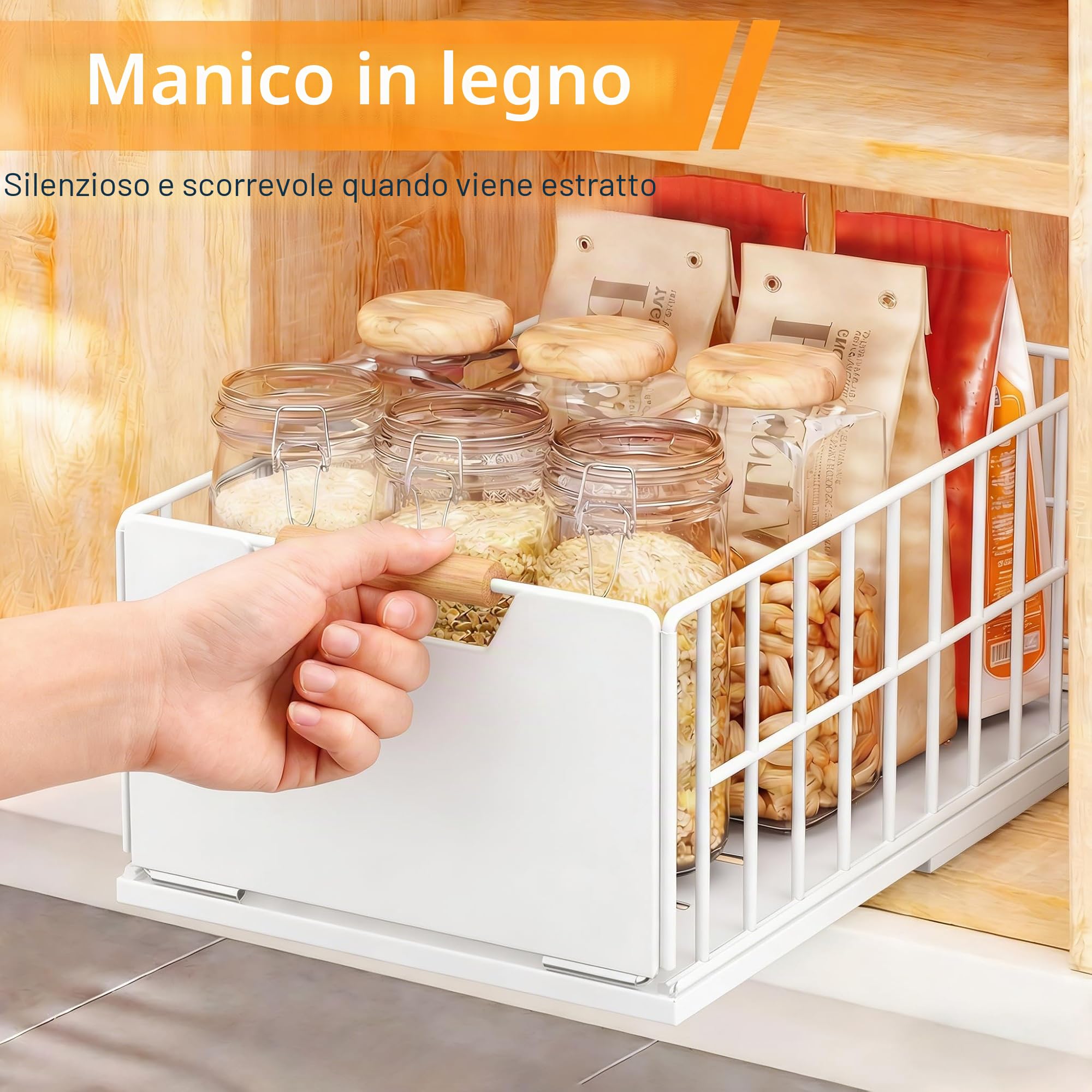 2 cassetti Cassetto estraibile da cucina, cesto scorrevole per cucina più profondi, cassetto telescopico, con guide per cassetti e manico in legno - senza fori (nero)