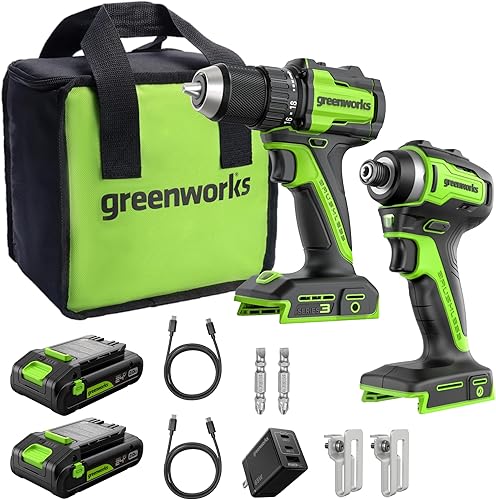 Greenworks - Taladro inalámbrico sin escobillas de 24 V, 400 pulgadas-libras más combo de destornillador de 1950pulgadas-libras, alto par, ligero,