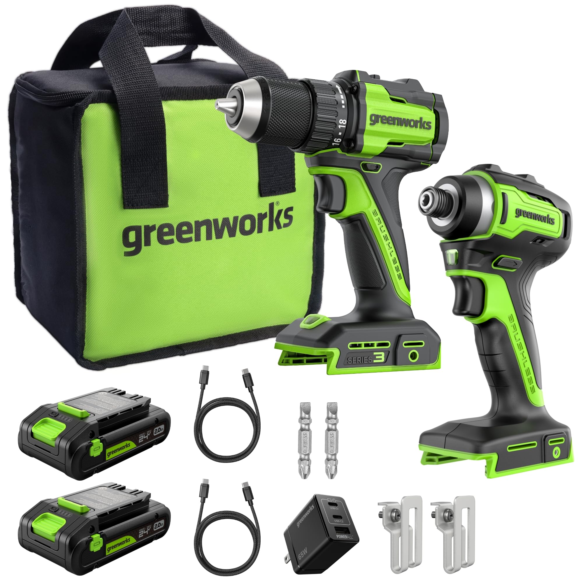 Greenworks 24V Cordless Brushless 400 in-lbs Drill/Driver+1950 in-lbs Impact Driver Combo,High Torque, Lightweight, (2) 2.0Ah USB-C Batteries(