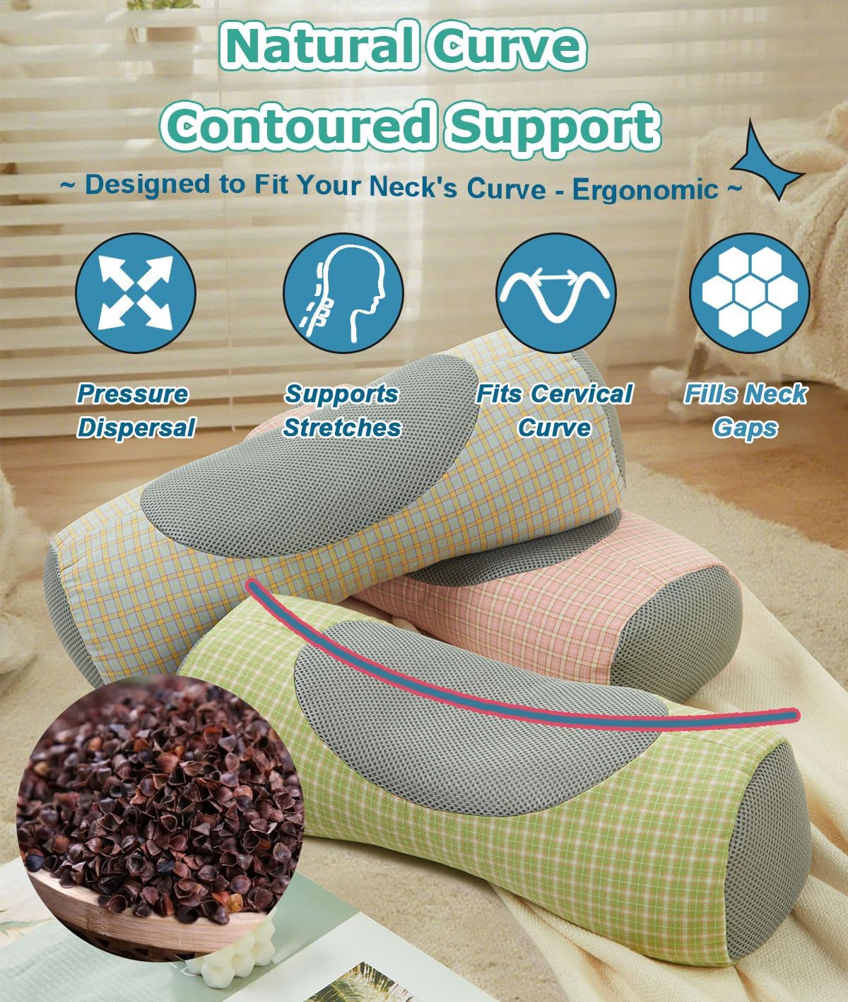 Buckwheat Neck Roll Pillow for Sleeping, 5''x15'' Small Lumbar Roll Pillow for Stiff Pain Relief, Neck Support Back Pain Relax Bolster Pillow with Breathable Plaid Pillow Covers (Blue)