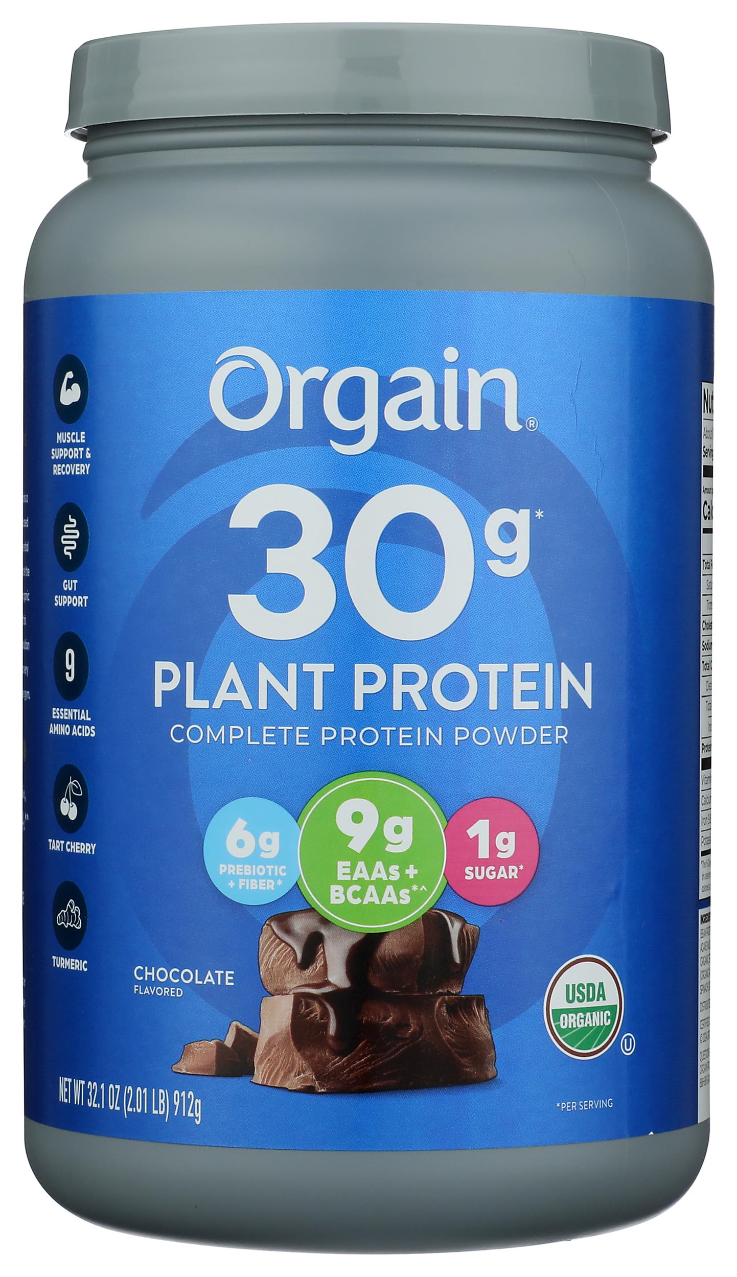 Organic 30g Vegan Protein Powder, Chocolate 9g EAAs + BCAAs, Plant Protein, 6g Prebiotic + Fiber, 1g Sugar, Pre-Workout, Muscle Support + Recovery - 2.01lb (Packaging May Vary)