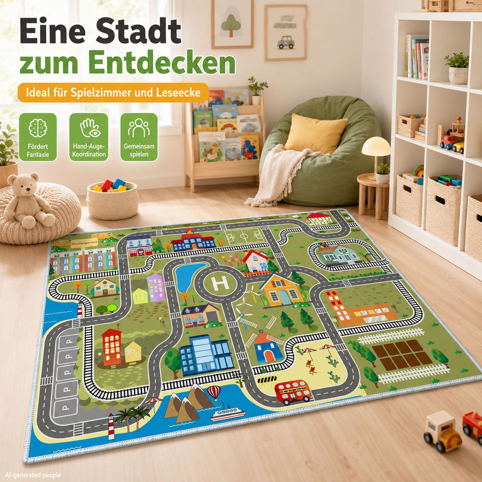 Kinder spielteppich Auto Jungen & Mädchen Teppich Straßenteppich Bauteppich Stadtstadt Lernbereich Teppich Pädagogischer Antirutsch für Kinderzimmer Grau Blau Grün(B,120X180CM)