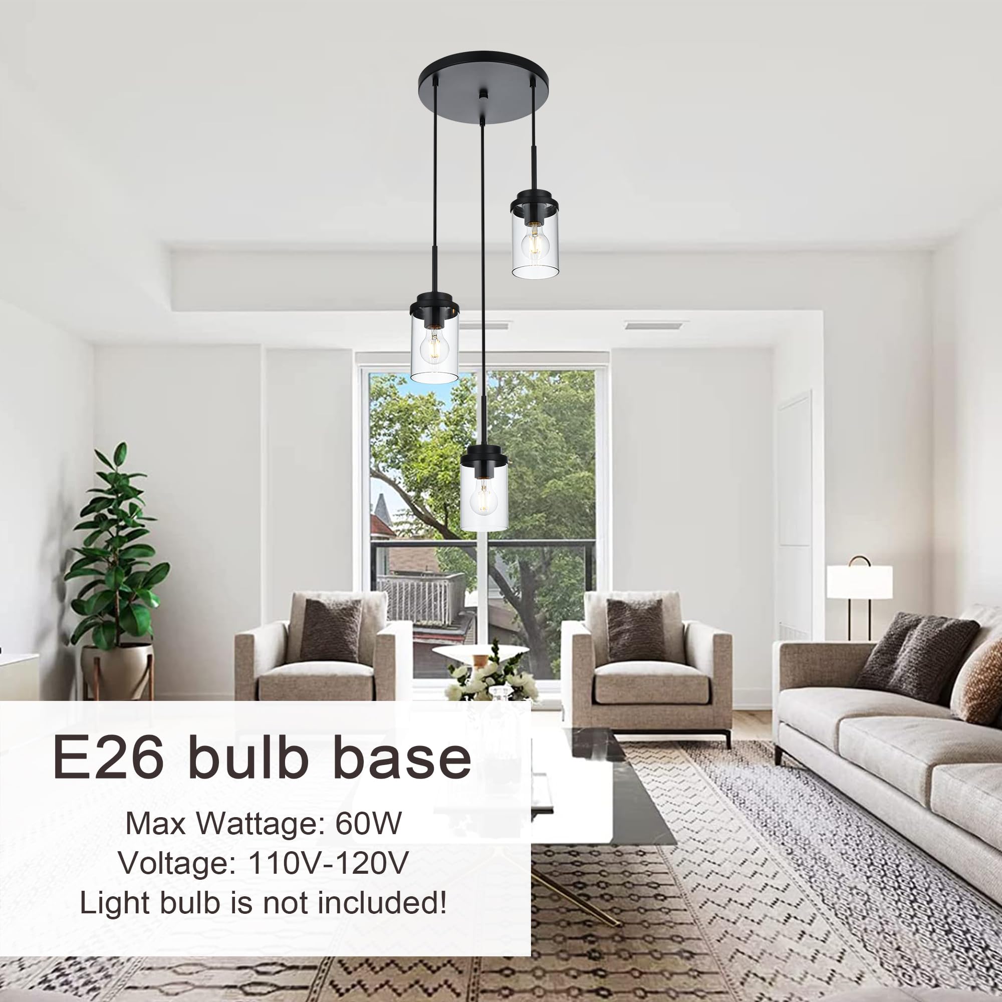 MELUCEE 3-Light Farmhouse Black Pendant Lights Kitchen Island, Modern Light Fixtures Ceiling Hanging with Clear Glass Shade Cluster Pendant Lighting for Dining Room Kitchen Hallway Stair