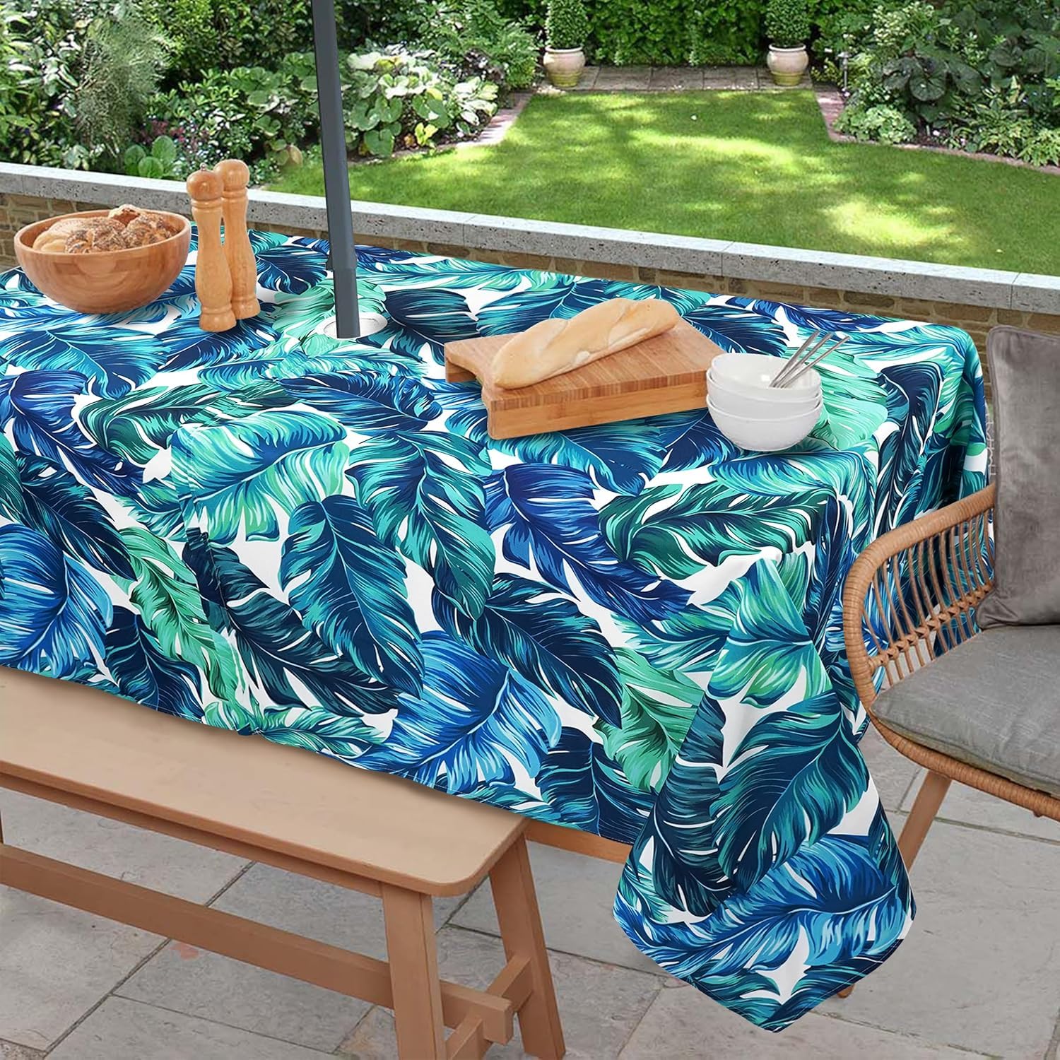 Virtumob Outdoor Tablecloth with Umbrella Hole and Zipper, Rectangle Patio Table Covers for Spring/Summer, Machine Washable Outdoor Picnic Table Cloth (Palm Leaves, 60" × 102" Rectangular)