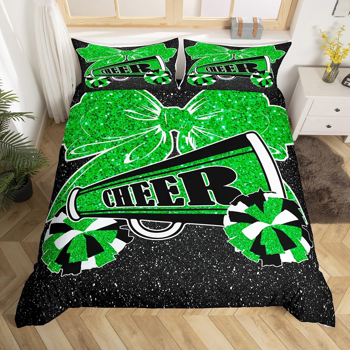 Nette Cheerleader 135x200 Bettbezug Mädchen Prinzessin Bettwäsche Set,Cheerleading Bett Set Schwarz und Grün Tröster Abdeckung,Pailletten Gedruckt Bogen Bettwäsche Abdeckung Schlafzimmer Dekor