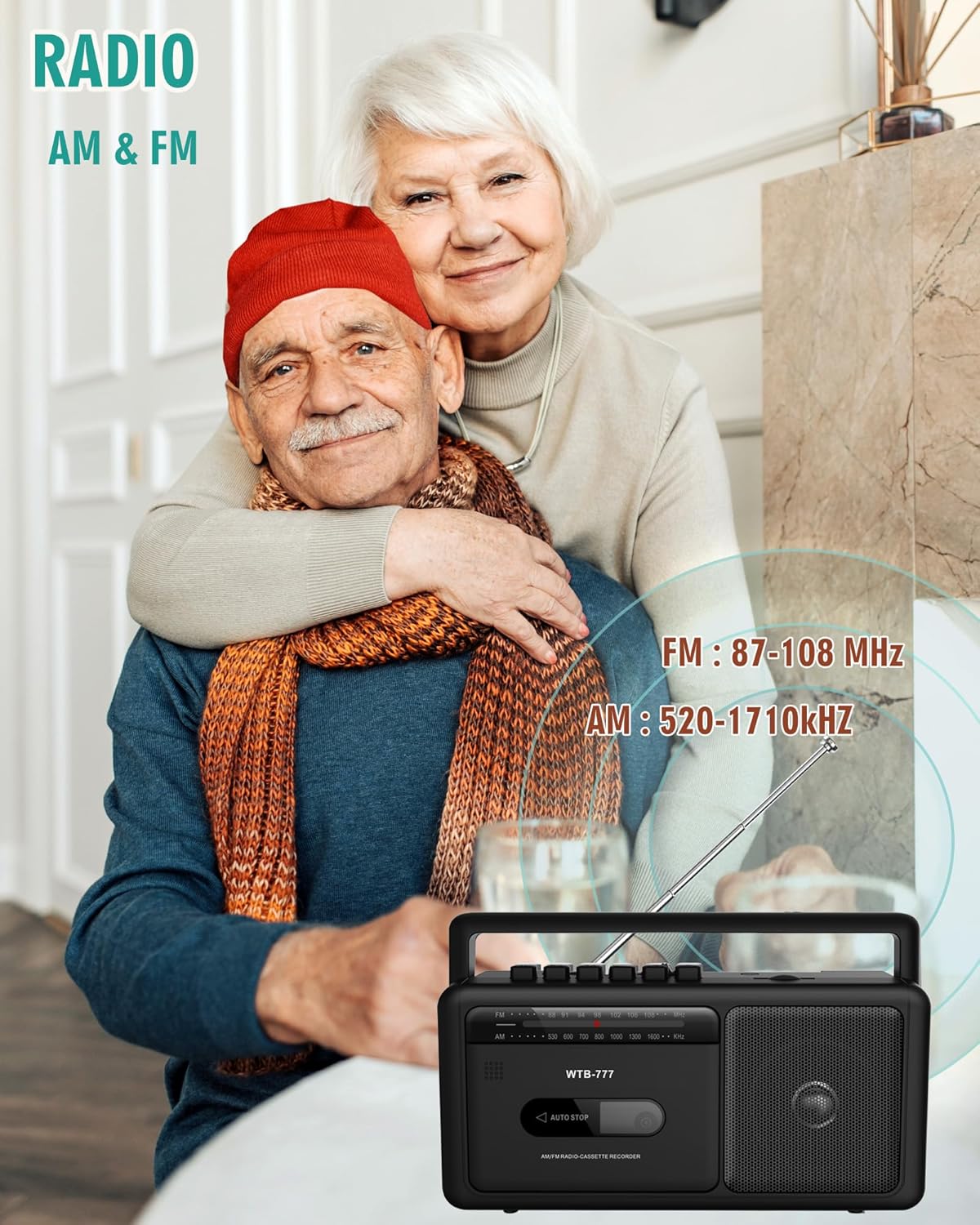 An older couple smiling with the WTB-777 boombox in the foreground, showing the AM/FM frequency ranges: FM 87-108 MHz, AM 520-1710 kHz.
