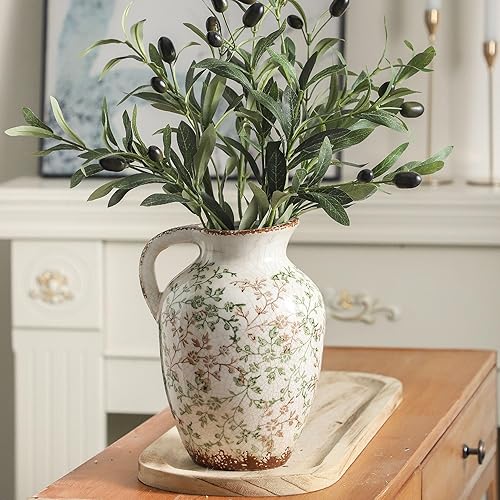 Enra Florero vintage, florero de cerámica chinoiserie, florero decorativo verde y beige, jarrones rústicos grandes para decoración del hogar, sala