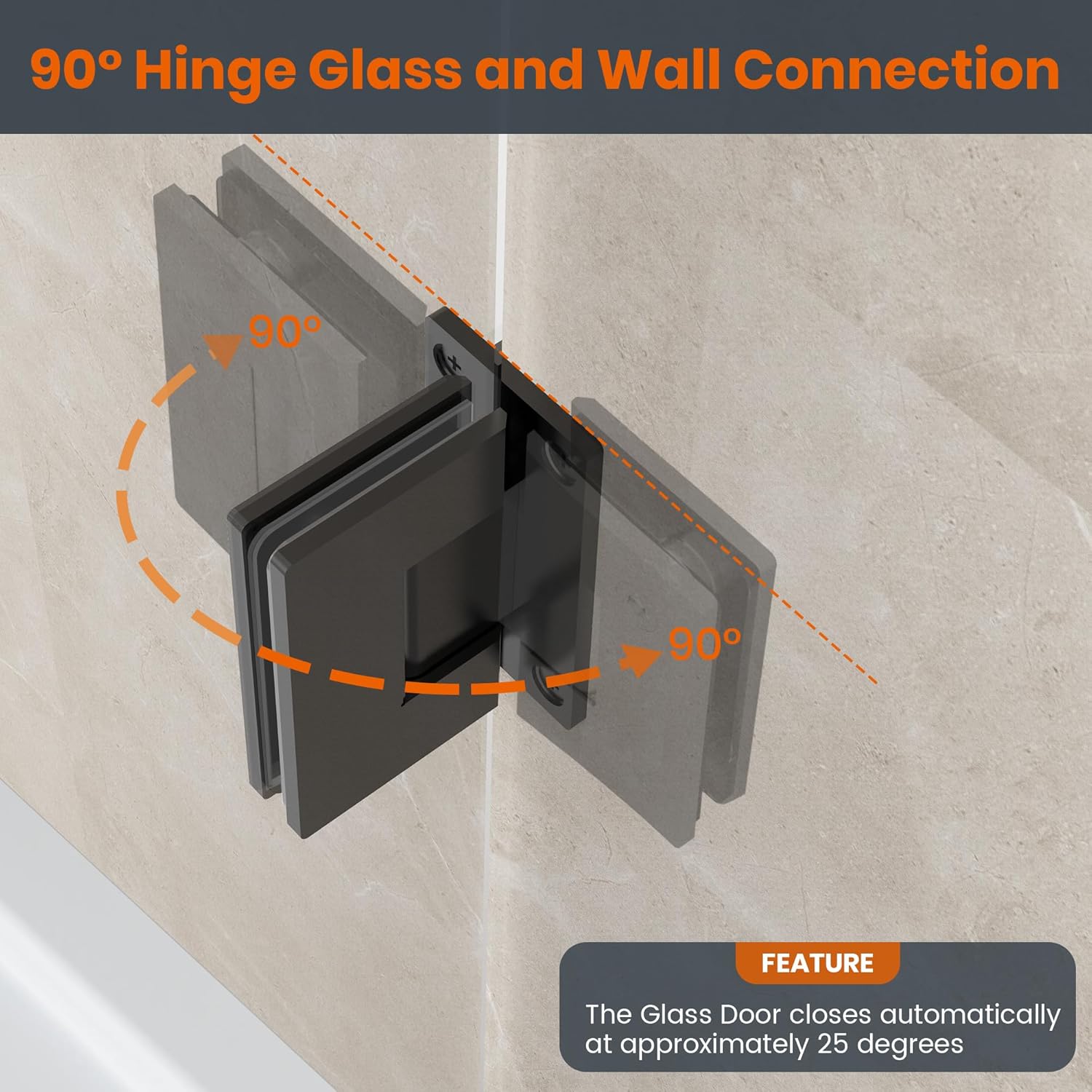 90 Degree Shower Door Hinges, Heavy Duty Stainless Steel Frameless Glass Door Hinges for 1/4" to 1/2" Thick Glass - Matte Black Wall/Cabinet Mount Hardware Replacement Parts (2 Pack)