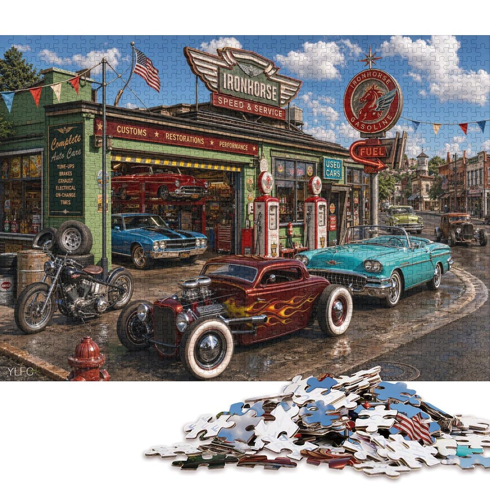 Retro Americana Hot Rod 500 Piece Wooden Jigsaw Puzzle,Whimsical Challenge,Adults & Kids 14+,Home Wall Decor Muscle Car,Great Gifts,Wood,Educational Toy,Stress Relief (52x38cm)