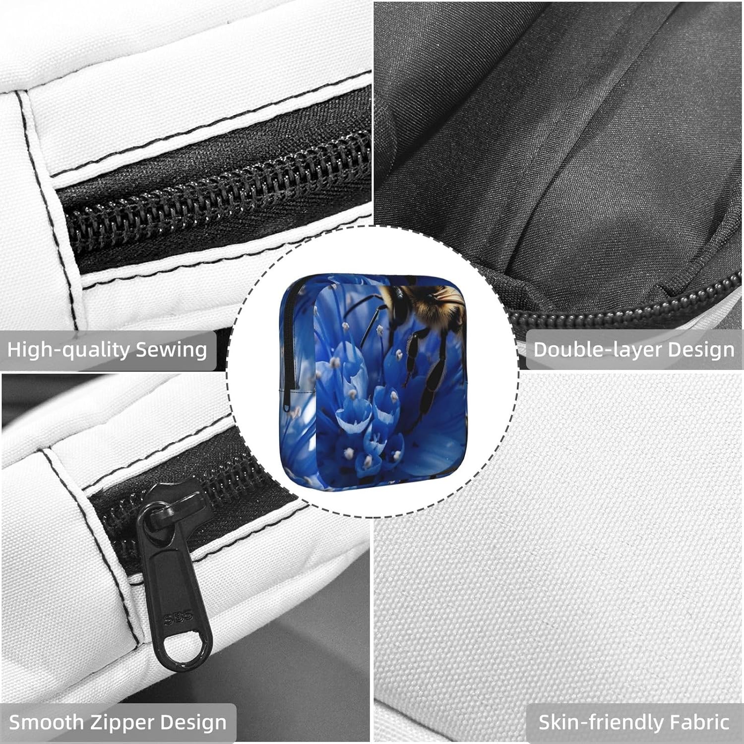 Period Bag Pouch for Women,Sanitary Napkin Storage Bag Portable Period Pad Pouch Small Make Up Bags Blue Flower Bee Tampon Holder For Purse Travel Daily Use image 4