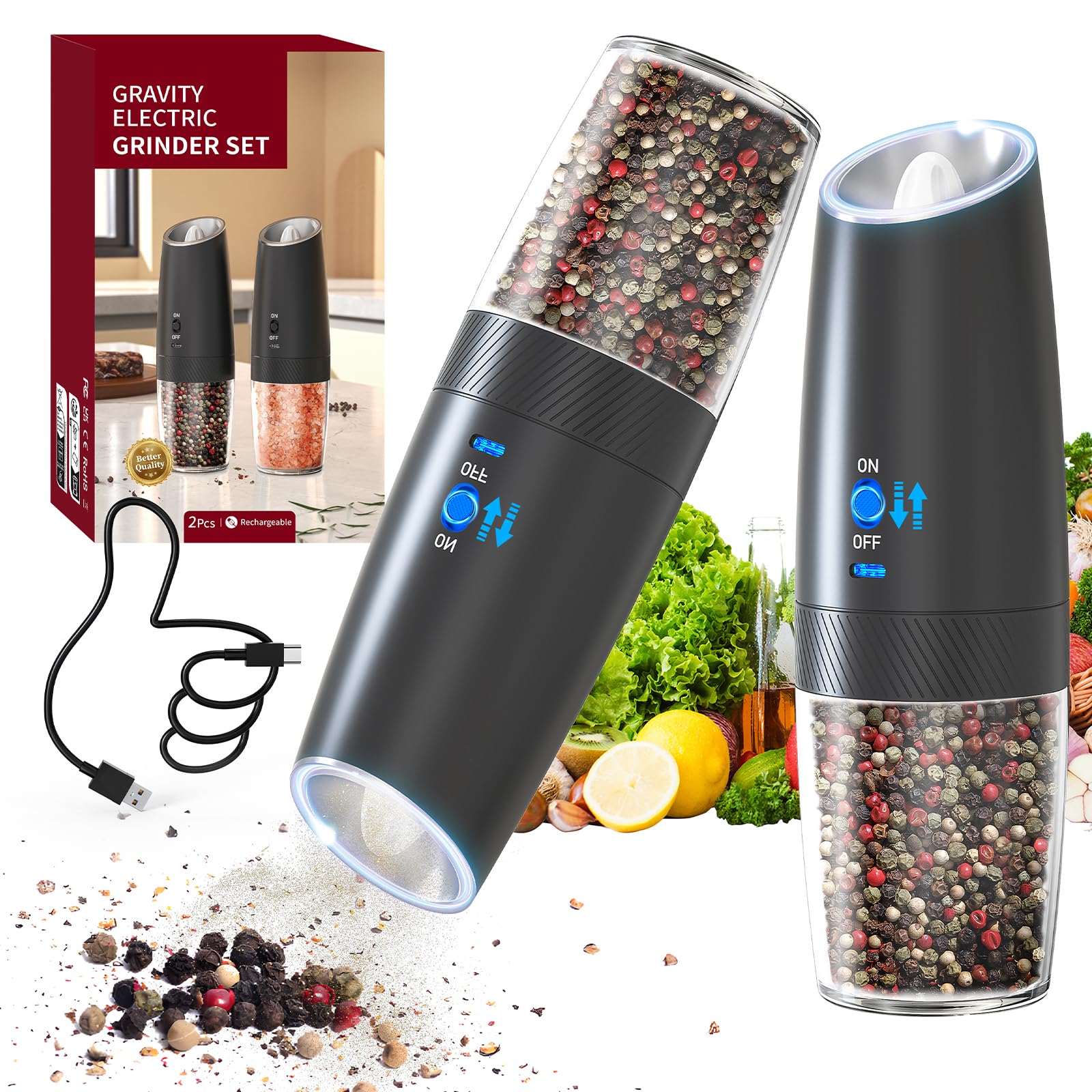 HOTUT Macina Sale e Pepe Elettrico, 2 Pezzi Macinapepe Elettrico, Ricaricabili USB, Macinatura Regolabile da Fine a Grossolano, Con Luce a LED, Macina Spezie Automatica per Cucina, Nero