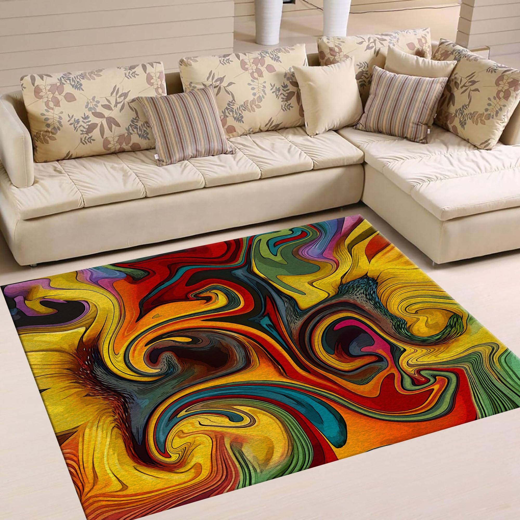 USHIRUG Modern Abstract Area Rug, 6x8ft, Contemporary Stylish Red Blue Yellow Colorful Swirl Pattern Rug Floor Mat, Modern Swirl Watercolor