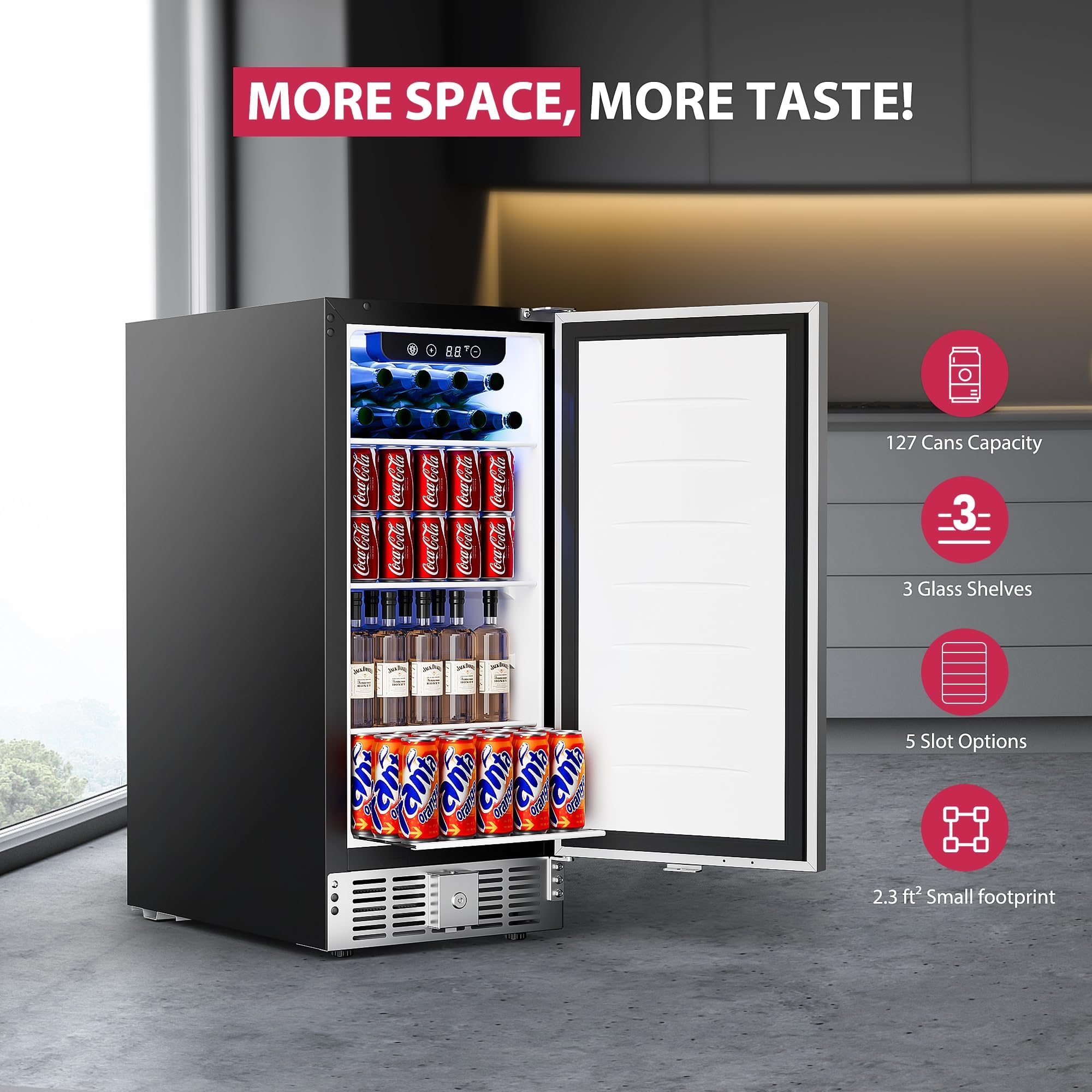 Icyglee 15 Inch Beverage Cooler Under Counter Built-In Beverage Refrigerator,127 Cans Mini Fridge With Glass Removable Shelves For Drink Beer Soda Wine Water on Fridge.com - View 2