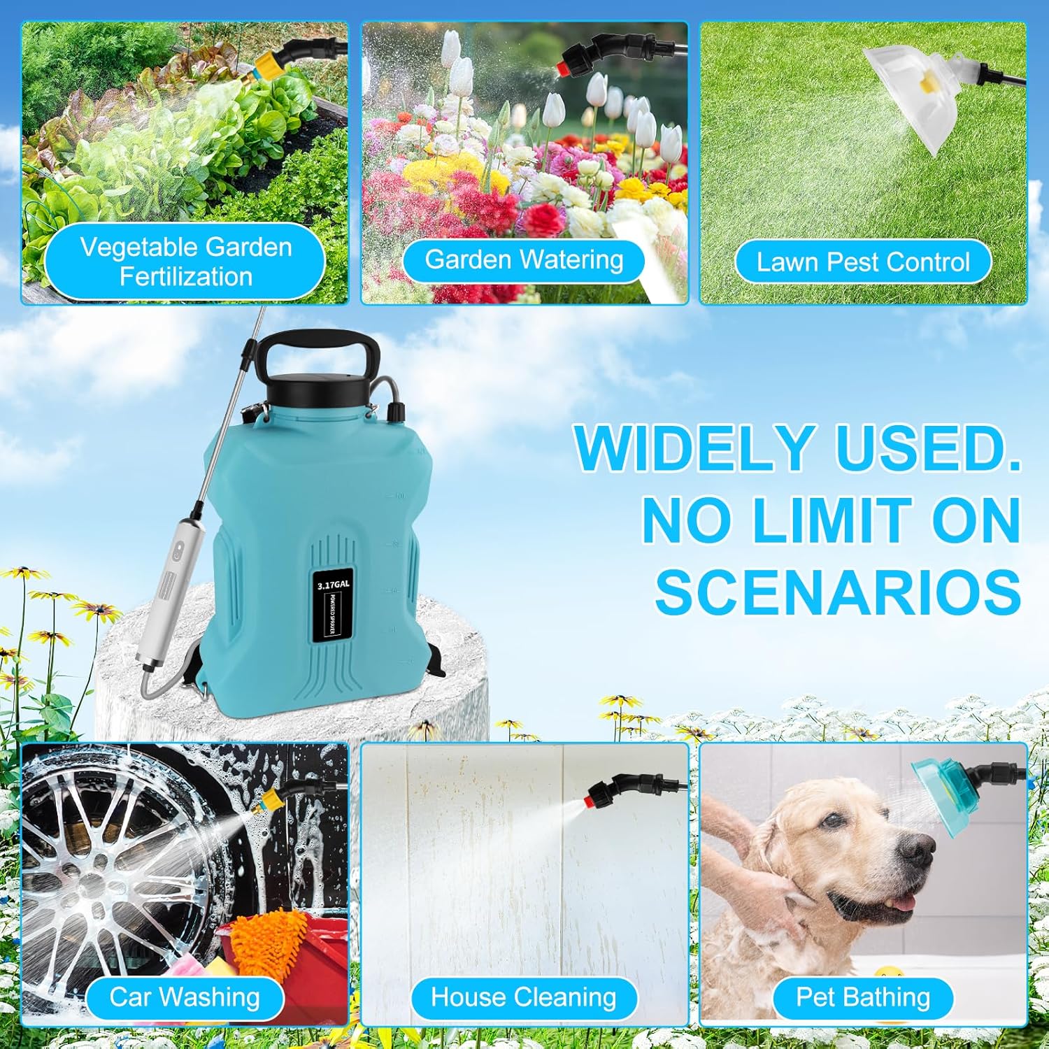Size 3.17 Gallon Color Blue Battery Powered Sprayer, Backpack Sprayer in Lawn and Garden, Electric Sprayer with 4 Nozzles, Retractable Pole, and USB Charging Handle for Weeding, Watering, and Cleaning