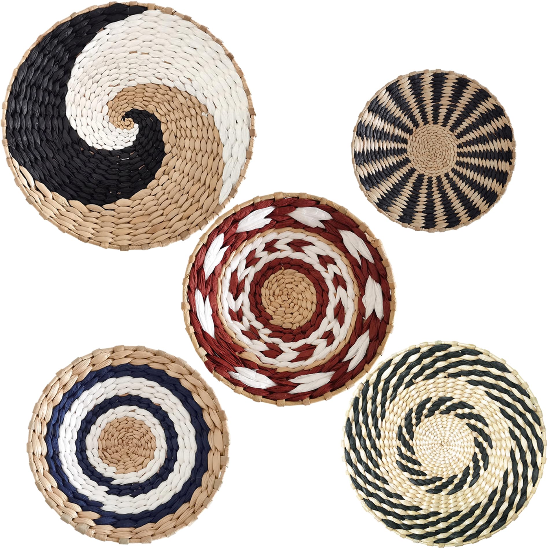 Set De 7 Cestas De Pared Tejidas De Paja - 6 Tamaños Diferentes, Estilo Boho Y Rústico, Con Ganchos Para Colgar Fácil