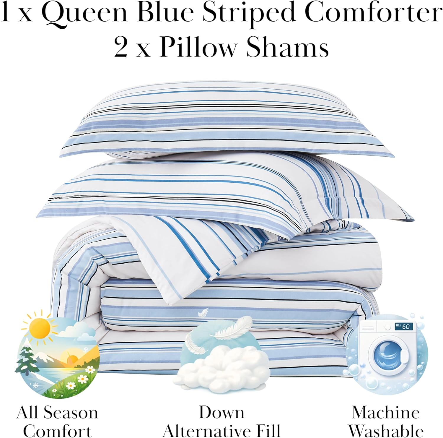 Southshore Fine Living, Inc. 3-Piece Queen Comforter Set, Down Alternative Blue Comforter Full Size with 2 Pillow Shams, Microfiber Bedding Set, Full or Queen Bed, Coastal Stripes Blue - Image 2