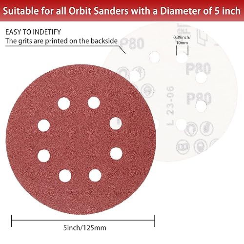 Miniatura 10 de Akjwp Disco de lijado de 5 pulgadas y 8 agujeros con gancho y bucle de grano 120, papel de lija orbital aleatorio para automoción y carpintería,