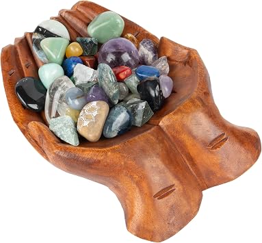 Carved Hands Offering Bowl - Crystal Holder for Stones, Rock Collection Holder, Crystal Display Storage Tray, Wooden Hands Bowl for Keys - Rock Display Case for Shelf, Stand, Altar Decor L