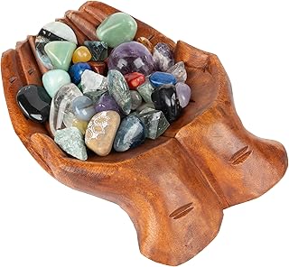 Curawood Carved Hands Offering Bowl - Crystal Holder for Stones, Rock Collection Holder, Crystal Display Storage Tray, Wooden Hands Bowl for Keys - Rock Display Case for Shelf, Stand, Altar Decor (L)